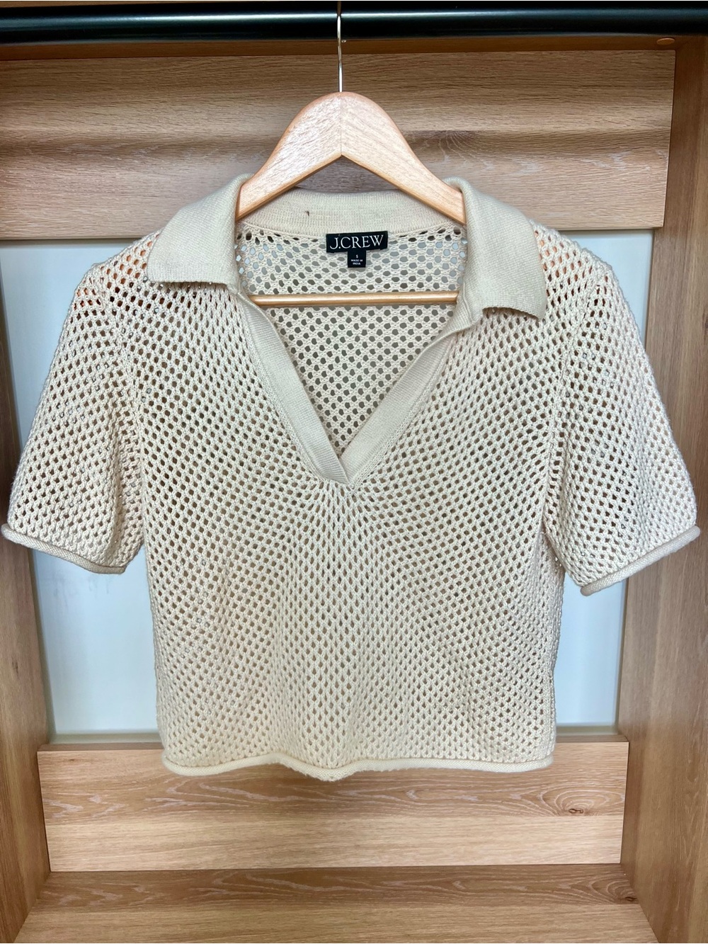 J.Crew Cream Open-Weave Short Sleeve Polo Sweater